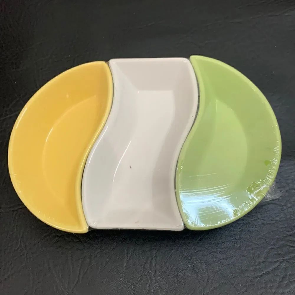 NEW Citrus Oval 3 Piece Serving Set Yellow Green White Appetizer Trinket Tray